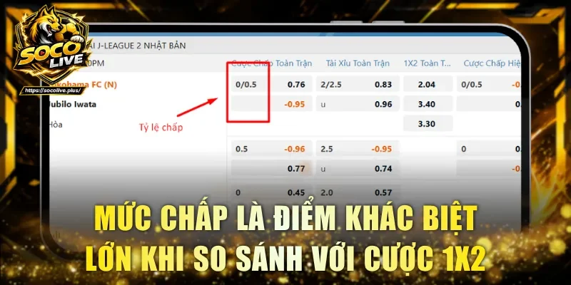 Mức chấp là điểm khác biệt lớn khi so sánh với cược 1x2